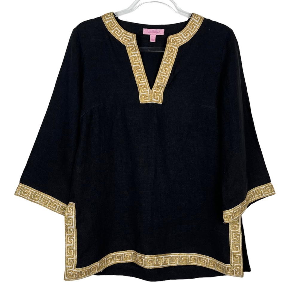 Lilly Pulitzer Linen Embroidered Gold Trim Tunic Top